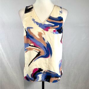 Nine West white colorful abstract print vneck top size XS